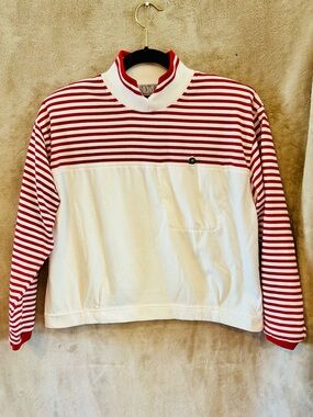 Vintage Hunts Point Red White Striped Mock Neck Pullover Top M Retro
